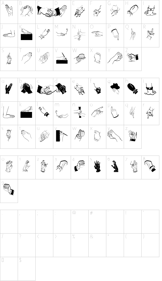 SpeakingHands font character map