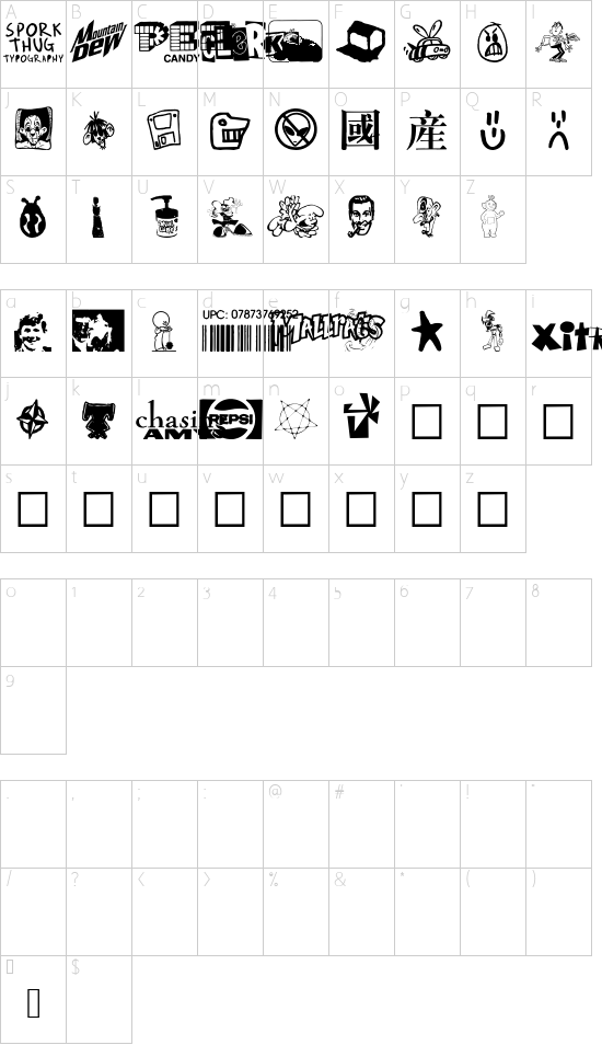 Sporkbats font character map