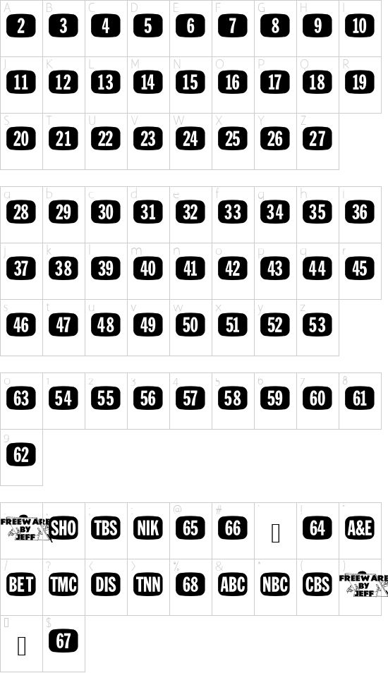 Tee Vee Set JL font character map