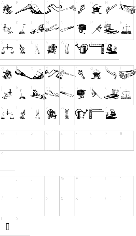 ToolsInstrumentsGadgets font character map