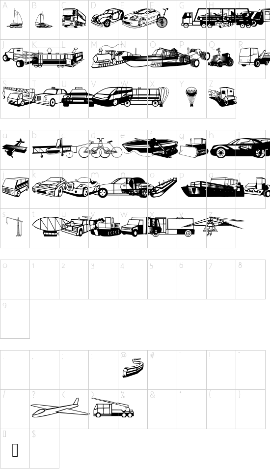 TrafficVehicles font character map