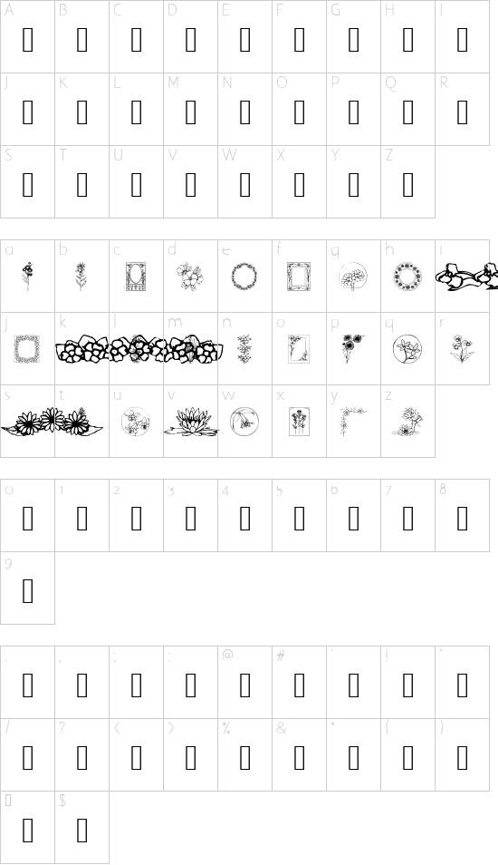 Wildflower IV font character map