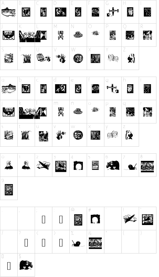 WoodcutsFound font character map