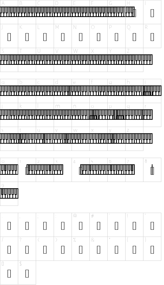 Music Keyboard Shorthand Regular font character map