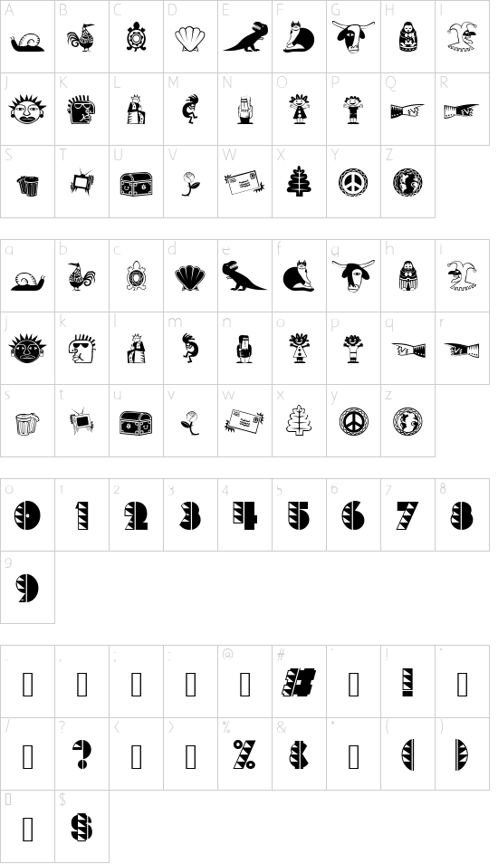 PopticsTwoExtras font character map