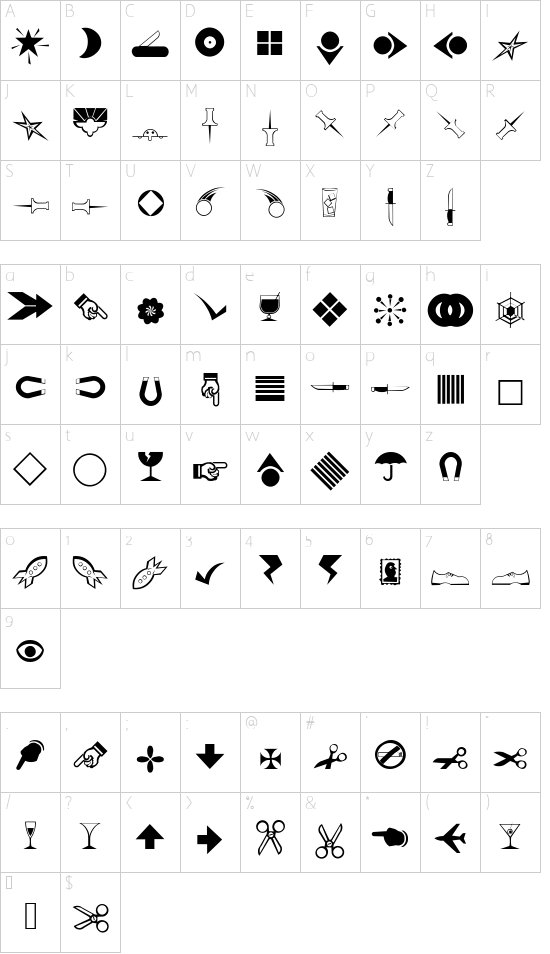 RSBillsDingbats font character map