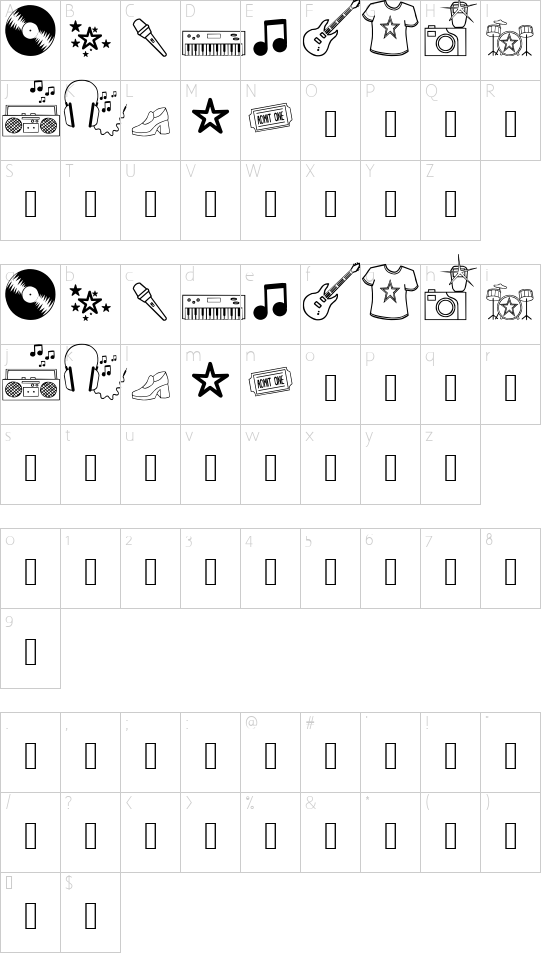 Rock Star font character map