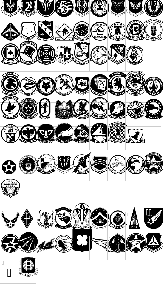 Wings of America font character map