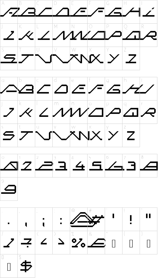 MEGASLANTLINE font character map