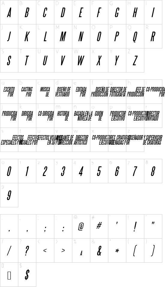 Steel Tongs Esp Italic font character map
