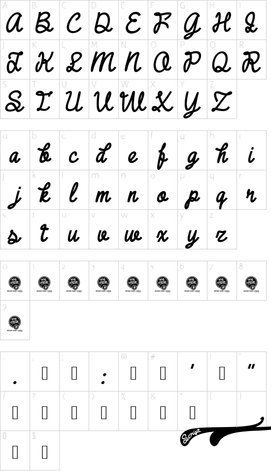 DHF Broffont Script Italic font character map