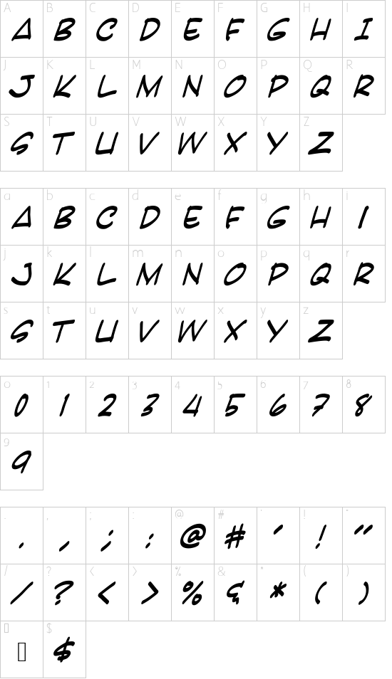 Karatula Italic font character map