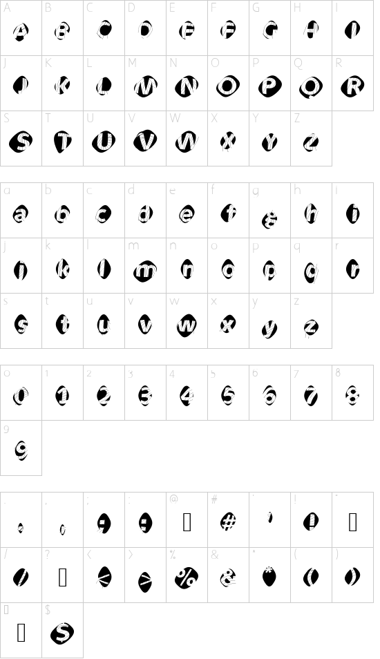 AidaOopsXtra font character map
