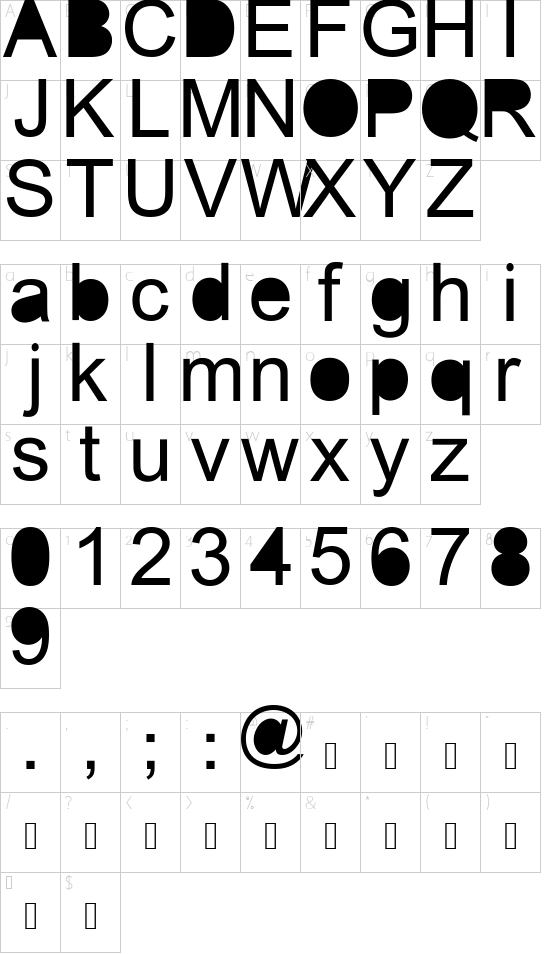 aria solid Regular font character map