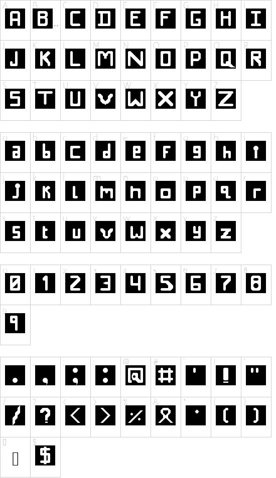 Negative Regular font character map