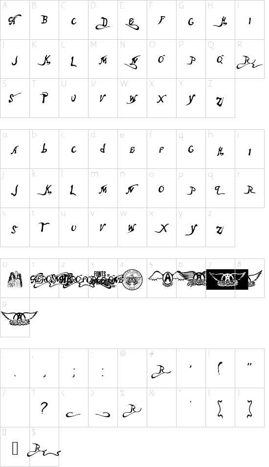 Aero font character map