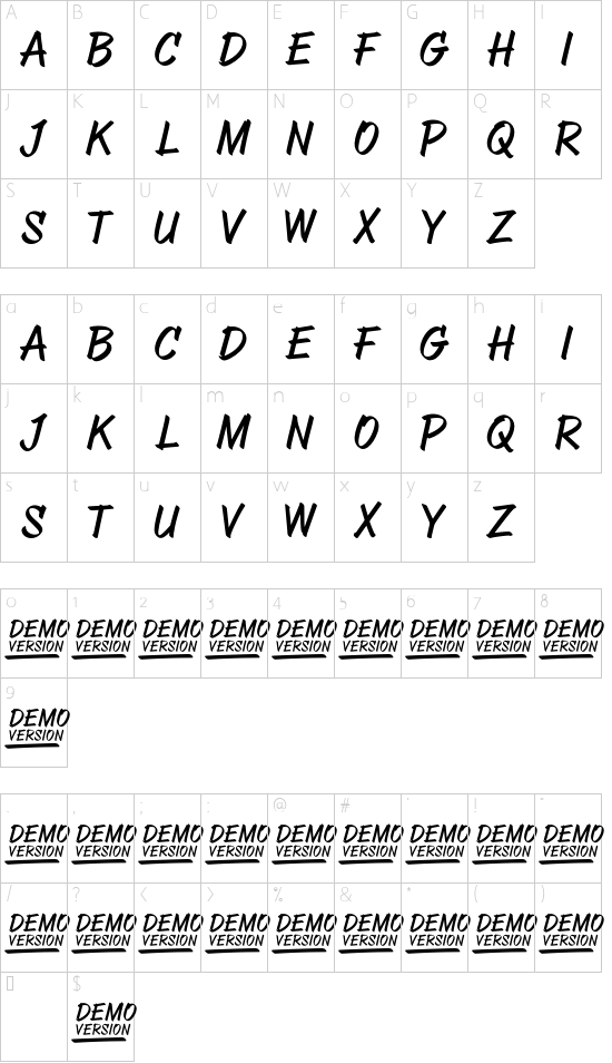ABOVEA DEMO VERSION font character map