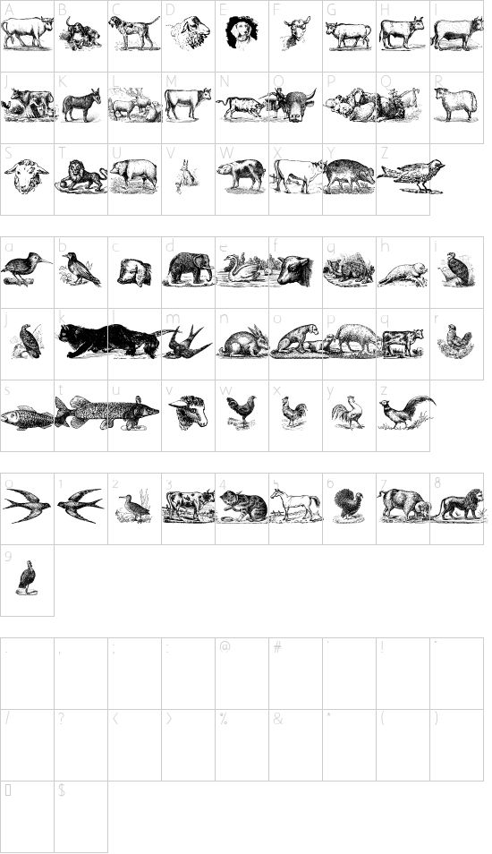 Animals Old Cuts font character map