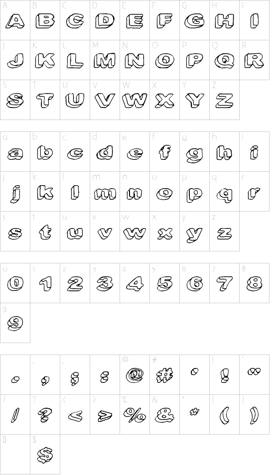 Downleft font character map