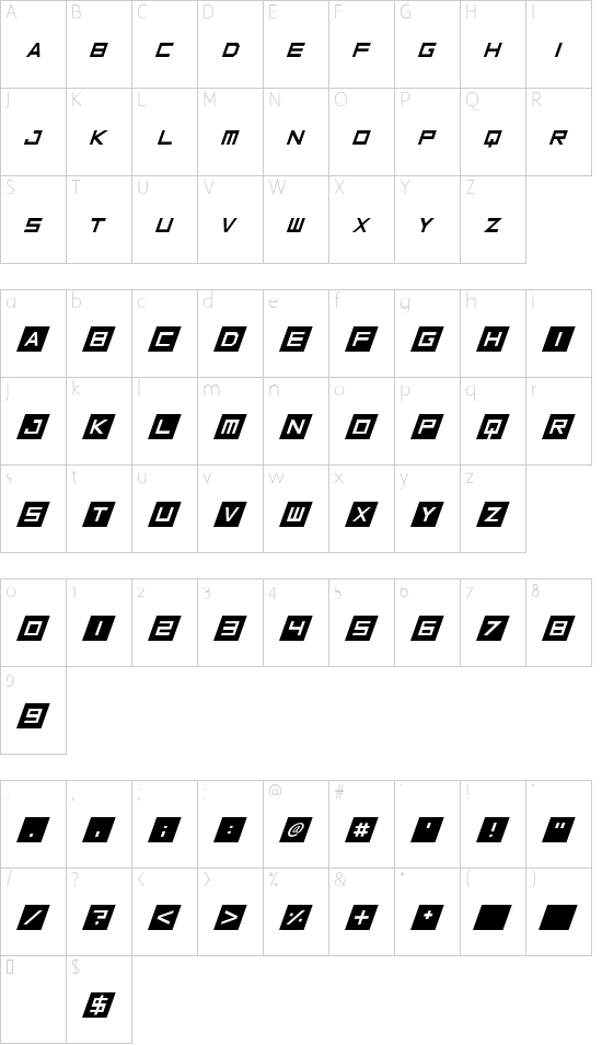 Inversionz Italic font character map