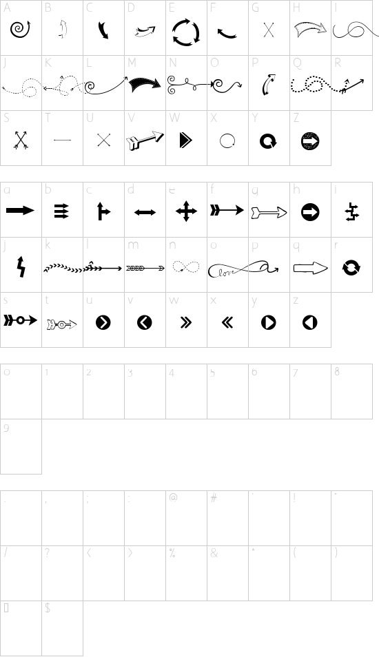 KG Arrows font character map