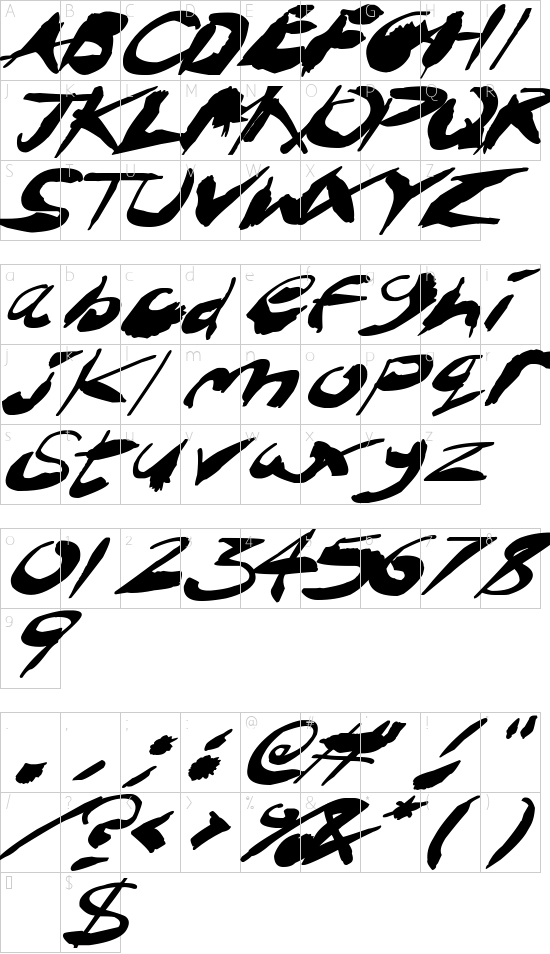 Crazy Ink Splats Italic font character map