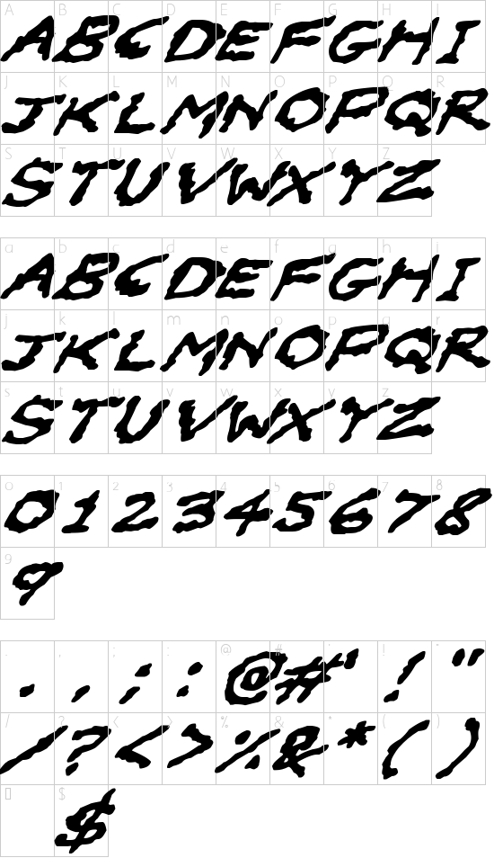 Oilslick Italic font character map