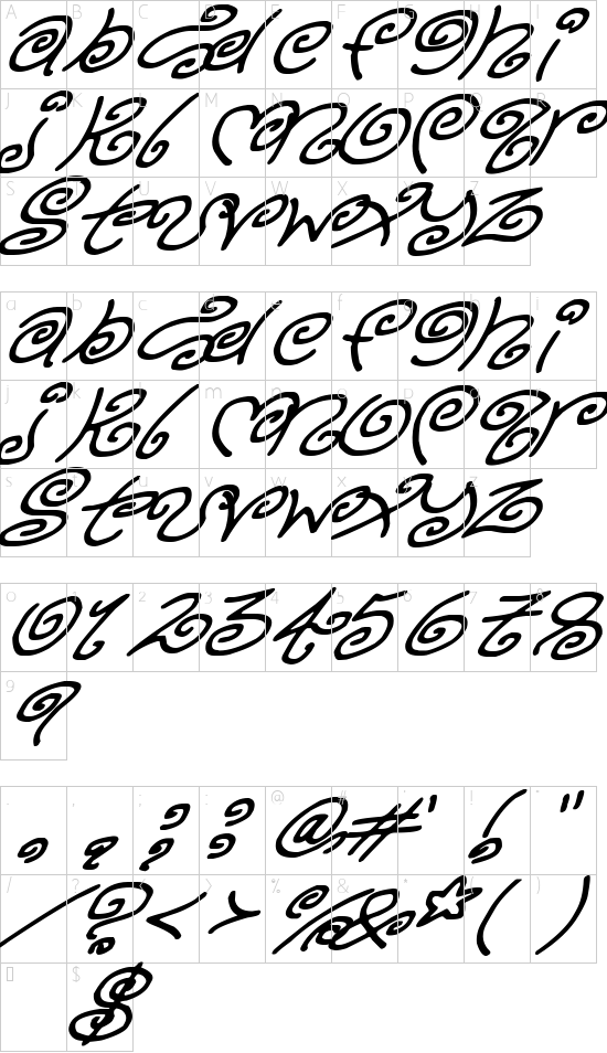 Kurly Kyoots Italic font character map