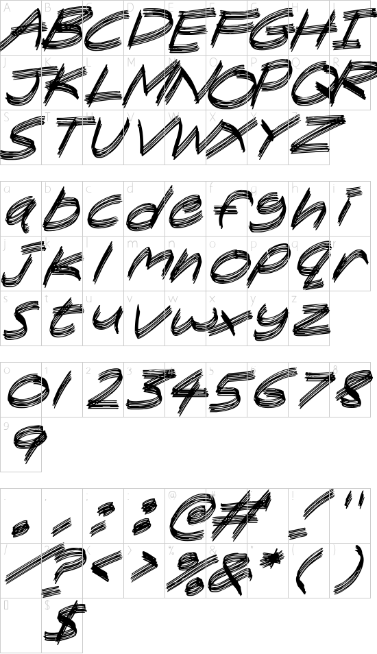 Sandscrape Italic font character map