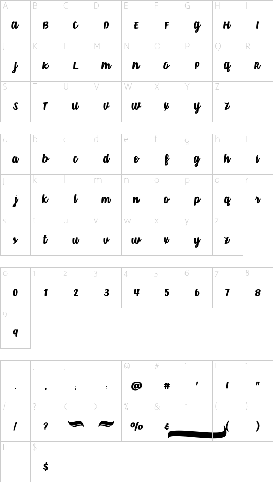 Velvet Heart* font character map