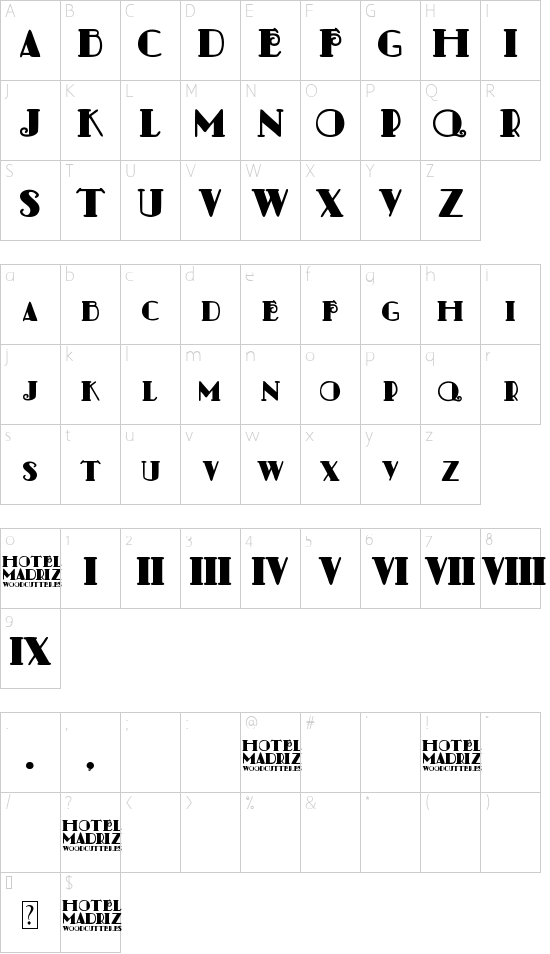 Hotel Madriz font character map