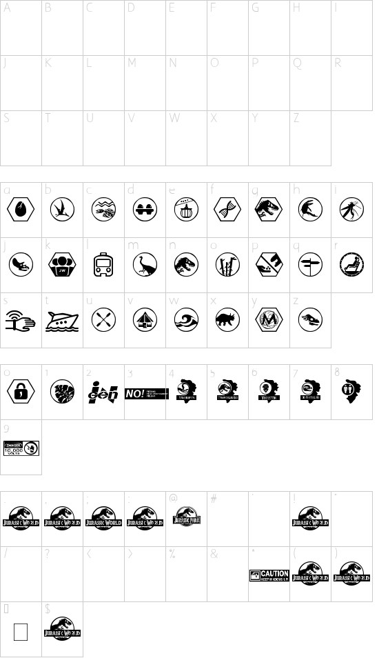 Jurassic World font character map