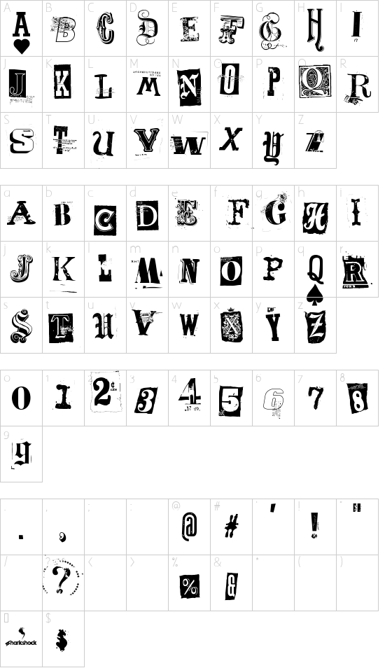 Freakshow font character map