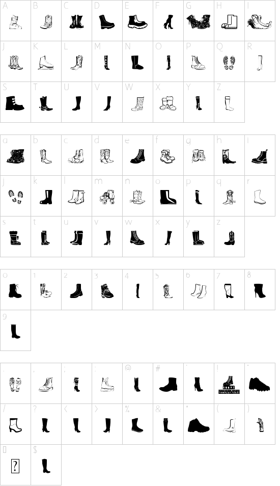 Boots font character map