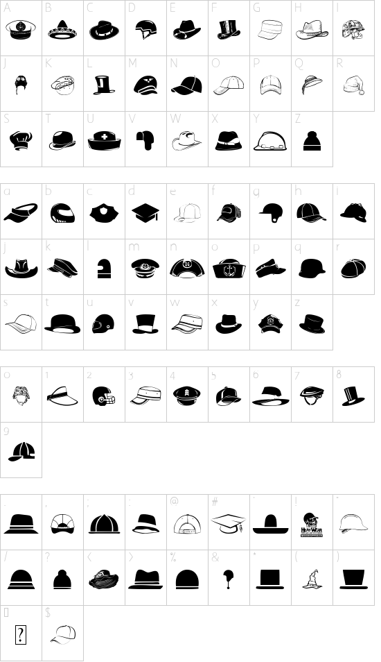 HeadWear font character map