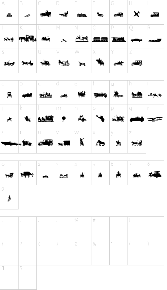 Transportation Dings font character map