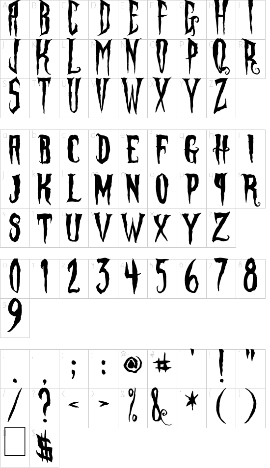 Phantom Fingers font character map