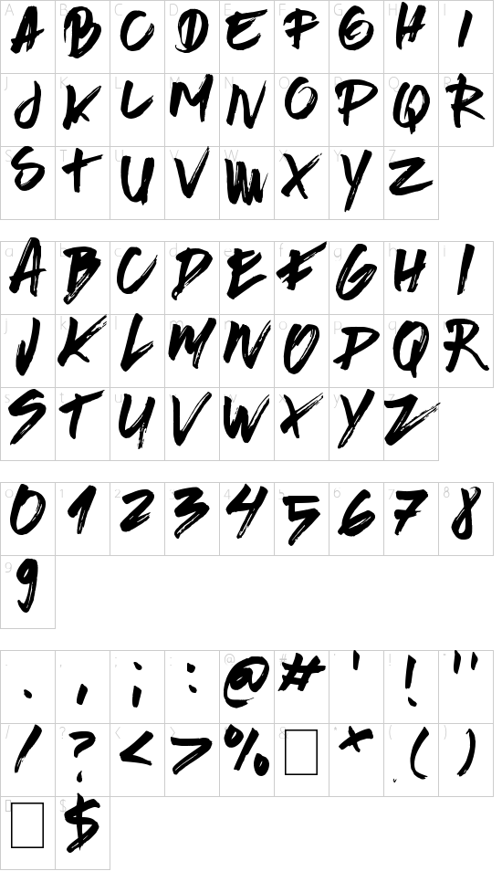 Brushed Traveler font character map
