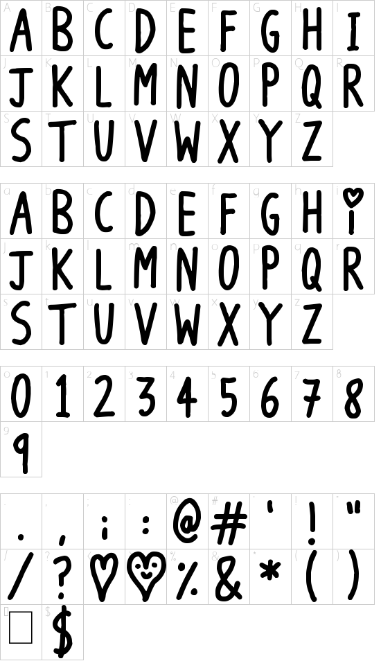 Long Loving Letters font character map