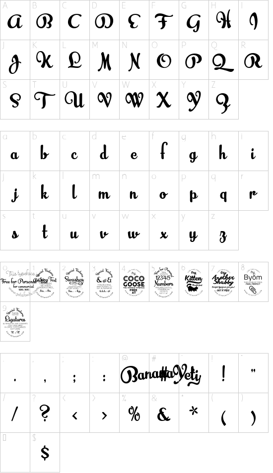 Banana Yeti ExtraBold font character map
