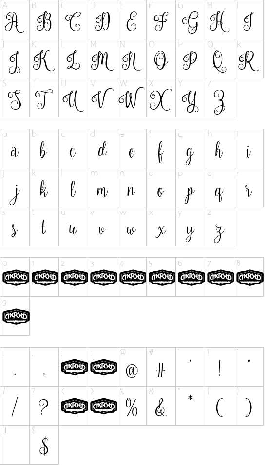 Nouradilla font character map