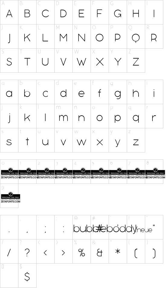 Bubbleboddy Neue Trial Thin font character map
