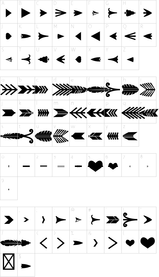 Arrow Crafter font character map