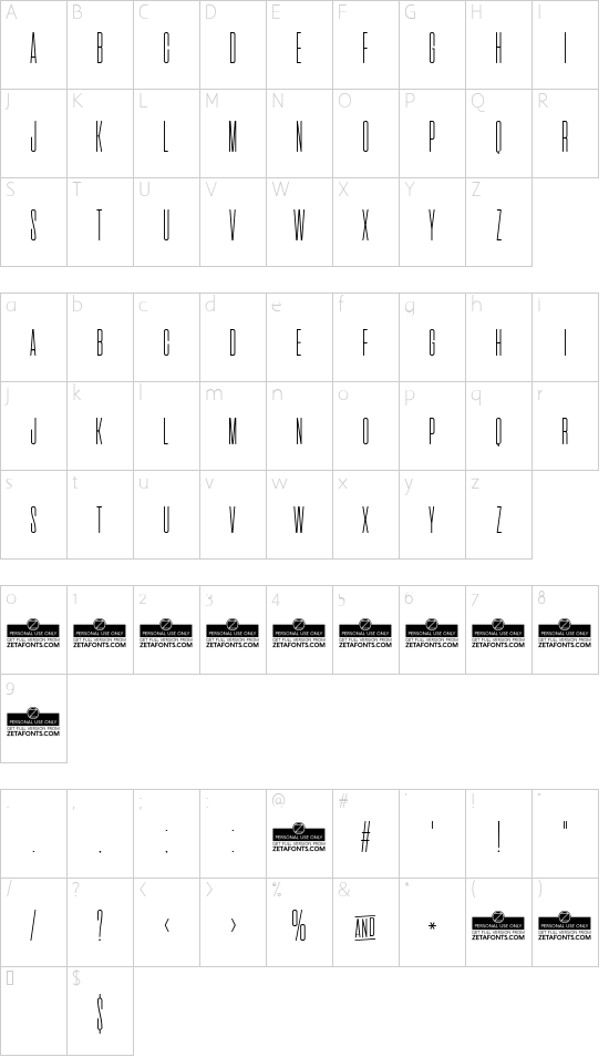 Cinematografica Thin font character map