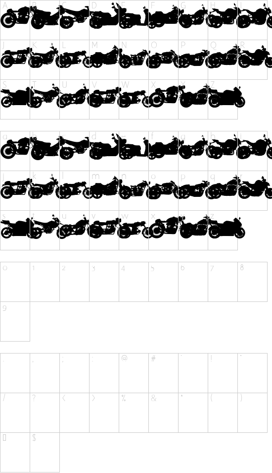 Motor Type font character map