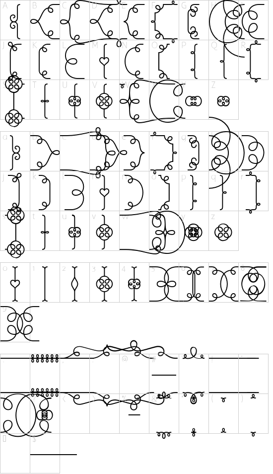 VL Brownstone Frames Light font character map