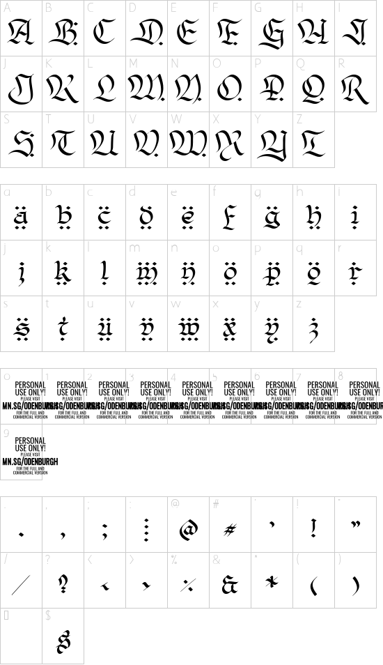 Odenburgh Deco PERSONAL USE font character map