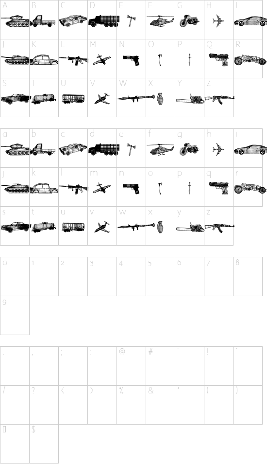 War Items Regular font character map