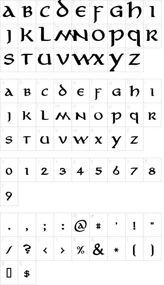 Aniron font character map