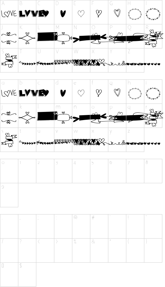 MF Heart Stuff font character map